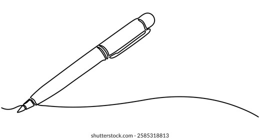  Pen Signature Continuous Line Icon, Continuous one line drawing writing pen isolated minimalist linear illustration made of single line vector illustration, One continuous line of pen writing . 