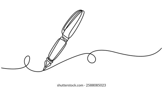 Pen Signature Continuous Line Icon, Continuous one line drawing writing pen isolated minimalist linear illustration made of single line vector illustration, pro.       