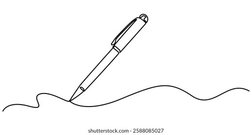 Pen Signature Continuous Line Icon, Continuous one line drawing writing pen isolated minimalist linear illustration made of single line vector illustration, pro.       