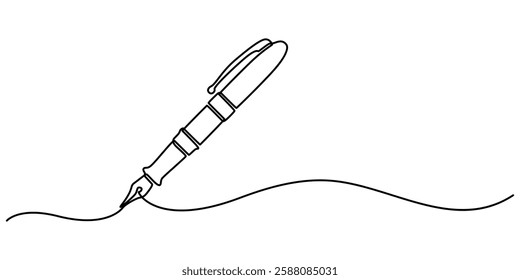 Pen Signature Continuous Line Icon, Continuous one line drawing writing pen isolated minimalist linear illustration made of single line vector illustration, pro.       