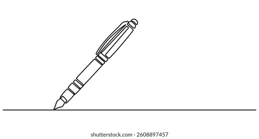 Pen Signature Continuous Line Icon, Continuous one line of fountain pen in silhouette on a white background. Linear stylized, Continuous one line drawing writing pen isolated minimalist linear.