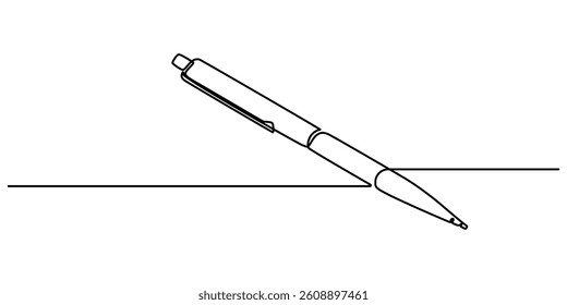 Pen Signature Continuous Line Icon, Continuous one line of fountain pen in silhouette on a white background. Linear stylized, Continuous one line drawing writing pen isolated minimalist linear.
