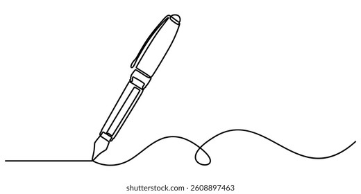 Pen Signature Continuous Line Icon, Continuous one line of fountain pen in silhouette on a white background. Linear stylized, Continuous one line drawing writing pen isolated minimalist linear.