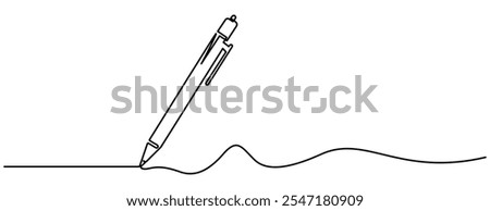 Pen Signature Continuous Line Icon. Continuous one line drawing writing pen isolated minimalist linear illustration made of single line vector illustration. One continuous line drawing of pen writing 