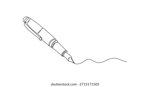 Pen Signature Continuous Line Icon,Continuous one line of fountain pen in silhouette on a white background,Continuous Line Drawing of a Fountain Pen Writing