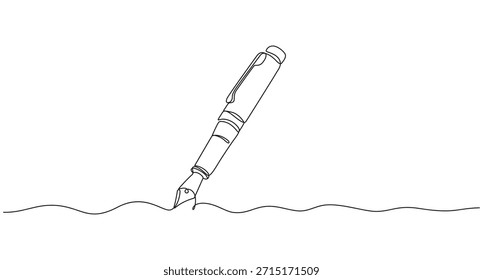 Pen Signature Continuous Line Icon,Continuous one line of fountain pen in silhouette on a white background,Continuous Line Drawing of a Fountain Pen Writing