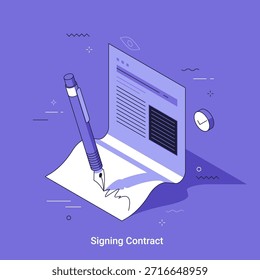 Documento de contrato de firma de lápiz. Concepto de Acuerdo empresarial y procedimiento legal. Ilustración vectorial lineal isométrica para el papeleo en línea.