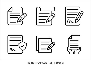 Pen signing a contract icon set with signature, paper symbol isolated on white background