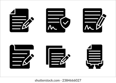 Pen signing a contract icon set with signature, paper symbol isolated on white background