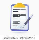 Pen signing a contract icon with signature, paper symbol isolated on white background for graphic and web design. Modern 3D icon illustration for UI web design. Agreement, contractor