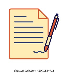 Pen signing a contract icon with signature. Document sign. Vector illustration