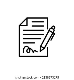 Pen signing contract icon. Simple outline style. Signature, paper, thin line symbol isolated on white background for graphic and web design. EPS 10.