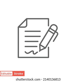 Pen signing contract icon. Simple outline style. Signature, paper, thin line symbol isolated on white background for graphic and web design. Editable stroke EPS 10.