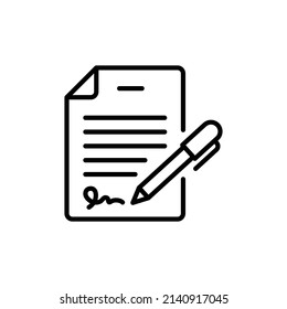 Pen signing contract icon. Simple outline style. Signature, paper, thin line symbol isolated on white background for graphic and web design. EPS 10.