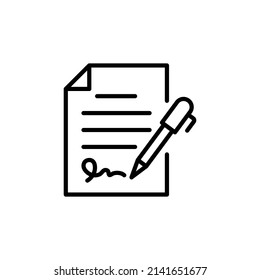 Pen signing contract icon. Simple outline style. Signature, paper, thin line symbol isolated on white background for graphic and web design. EPS 10.