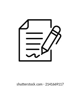 Pen signing contract icon. Simple outline style. Signature, paper, thin line symbol isolated on white background for graphic and web design. EPS 10.