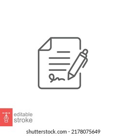 Pen signing contract icon. Simple outline style. Signature, paper, thin line symbol isolated on white background for graphic and web design. Editable stroke EPS 10.