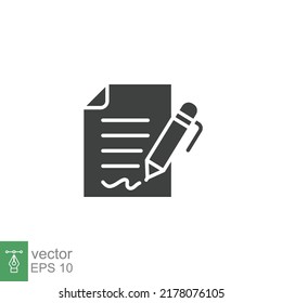 Pen Signing Contract Icon. Simple Solid Style. Signature, Paper, Glyph Symbol Isolated On White Background For Graphic And Web Design. EPS 10.