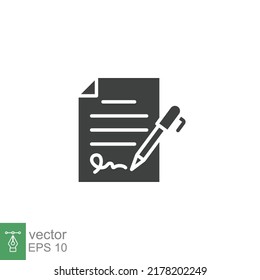 Pen Signing Contract Icon. Simple Solid Style. Signature, Paper, Glyph Symbol Isolated On White Background For Graphic And Web Design. EPS 10.