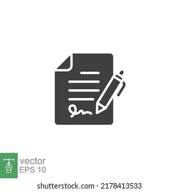 Pen Signing Contract Icon. Simple Solid Style. Signature, Paper, Glyph Symbol Isolated On White Background For Graphic And Web Design. EPS 10.