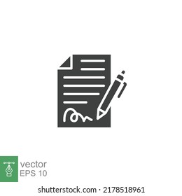 Pen Signing Contract Icon. Simple Solid Style. Signature, Paper, Glyph Symbol Isolated On White Background For Graphic And Web Design. EPS 10.