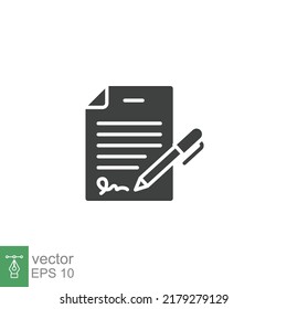 Pen Signing Contract Icon. Simple Solid Style. Signature, Paper, Glyph Symbol Isolated On White Background For Graphic And Web Design. EPS 10.