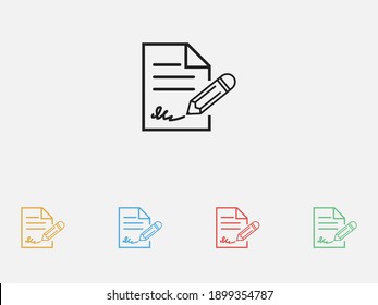 Pen signing a contract icon. Vector illustration icon. Paper business contract pen signature vector icon. Contract sign vector icon. Set of colorful flat design icons. 