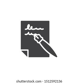Pen signing a contract vector icon. filled flat sign for mobile concept and web design. Document file and pen glyph icon. Symbol, logo illustration. Vector graphics