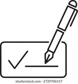 Stift zum Signieren eines Dokuments mit einem Auswahlfeld, das die Genehmigung oder Beendigung einer Aufgabe darstellt, einzeln auf weißem Hintergrund, Abbildung