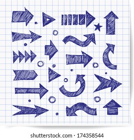 Pen sketch arrow collection for your design on squared paper. Hand drawn with ink. Vector sketch illustration. 