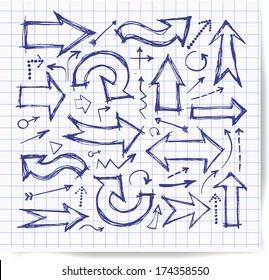 Pen sketch arrow collection for your design on squared paper. Hand drawn with ink. Vector sketch illustration. 