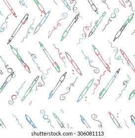 pen sketch frame - vector illustration with blue pen seamless pattern - blue, red and green colors