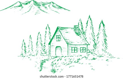 Pen sketch illustration of mountain and cabin.