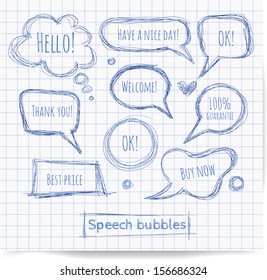 Pen sketch speech and thought bubbles. Vector illustration.