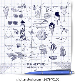 Pen Sketches of summer elements. Ice cream, cocktails, paper boats, paper planes, sunglasses, sea animals. Vector illustration.(Multiple values)