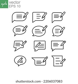 Pen With Speech Bubble For Dialogue Chat Or Group Feedback Conversation In Digital, Writing Message, Thin Line Icon, Writing Message Icon Set. Vector Illustration. Design On White Background. EPS 10