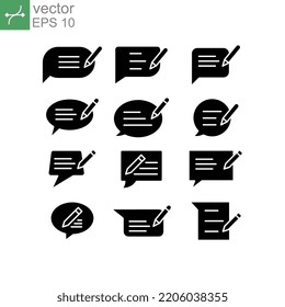 Pen With Speech Bubble For Dialogue Chat Or Group Feedback Conversation In Online Communication, Solid Icon, Writing Message Icon Set. Vector Illustration. Design On White Background. EPS 10