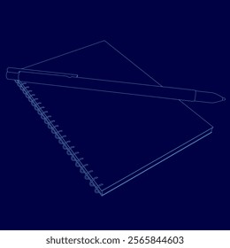 Pen and a spiral notebook are placed on top of each other. The notebook is blue and the pen