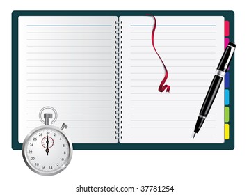 Pen, spiral notepad and stopwatch. Vector illustration.