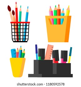 Pen Stand Set Vector. Brush, Pencil, Paint Brush. Isolated Cartoon Illustration