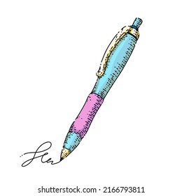 vector dibujado a mano con papel de pluma. herramienta de bolas corporativas de tinta, esbozo de papel de la pluma de objetos plásticos de marca. ilustración de color aislado