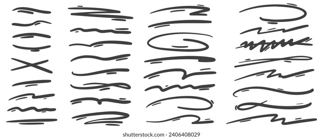 Pen strike line. Strikethrough marker scribble. Pencil and brush stroke. Doodle sketch mark stripes isolated on white background. Handwrited rough stains. Vector set.