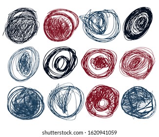 Pen stroked circles set. Hand drawn collection. Scribble brushes in trendy blue, red and black color. Vector illustration of design graphic elements. Isolated on white. Grunge scrawl.