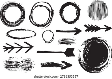 Los trazos de pluma que forman círculos redondos subrayan las Formas con Elementos de flecha de doodle dibujados a mano. Paquete del kit de juego de Vectores para resaltar texto usando líneas ovaladas de garabato