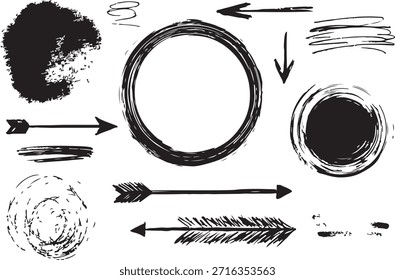 Los trazos de pluma que forman círculos redondos subrayan las Formas con Elementos de flecha de doodle dibujados a mano. Paquete del kit de juego de Vectores para resaltar texto usando líneas ovaladas de garabato