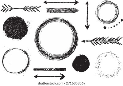 Los trazos de pluma que forman círculos redondos subrayan las Formas con Elementos de flecha de doodle dibujados a mano. Paquete del kit de juego de Vectores para resaltar texto usando líneas ovaladas de garabato