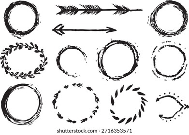Los trazos de pluma que forman círculos redondos subrayan las Formas con Elementos de flecha de doodle dibujados a mano. Paquete del kit de juego de Vectores para resaltar texto usando líneas ovaladas de garabato