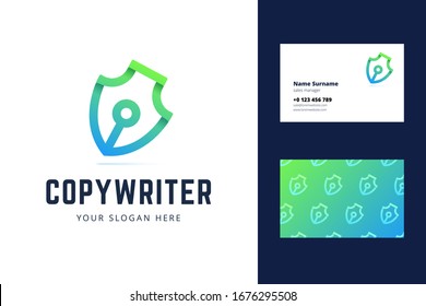 Pen symbol logo and business card. Logotype for copyrighters, bloggers, writers, journalists. Vector illustration in modern gradient line origami style.