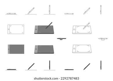 pen tab vector illustration.
a set of colored and line art. from the tilt angle along with the front view.