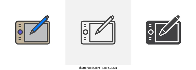 Pen tablet digitizer icon. Line, glyph and filled outline colorful version, Drawing Tablet outline and filled vector sign. Symbol, logo illustration. Different style icons set. Vector graphics